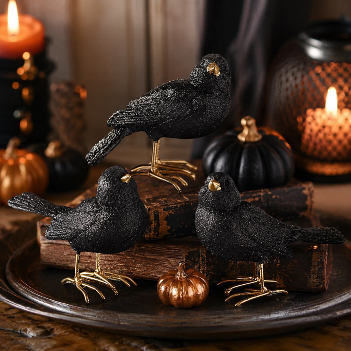 Design Shop Assorted 3.25 Inch Glittered Black Resin Birds with Gold Feet 3 Styles
