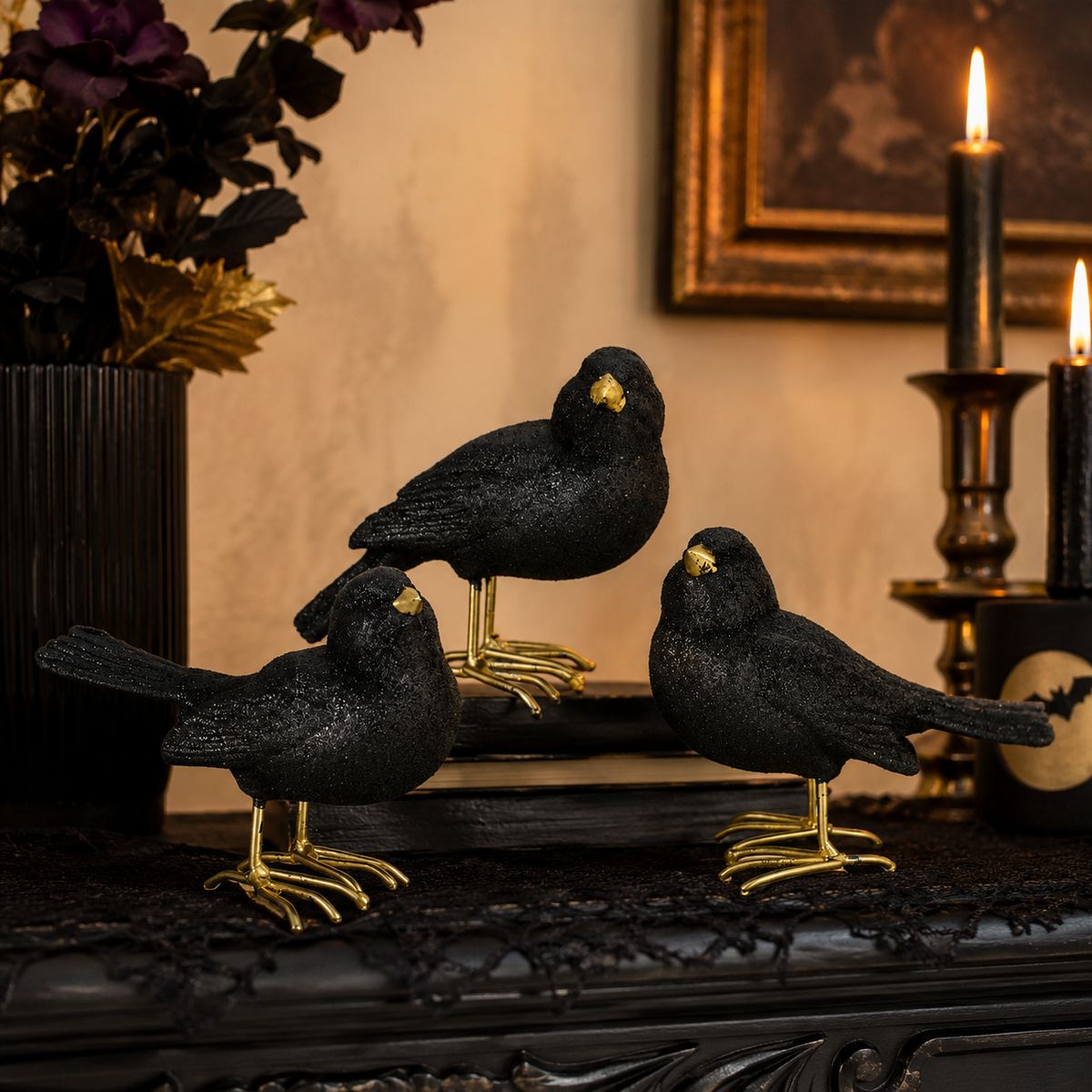 Design Shop Assorted 3.25 Inch Glittered Black Resin Birds with Gold Feet 3 Styles