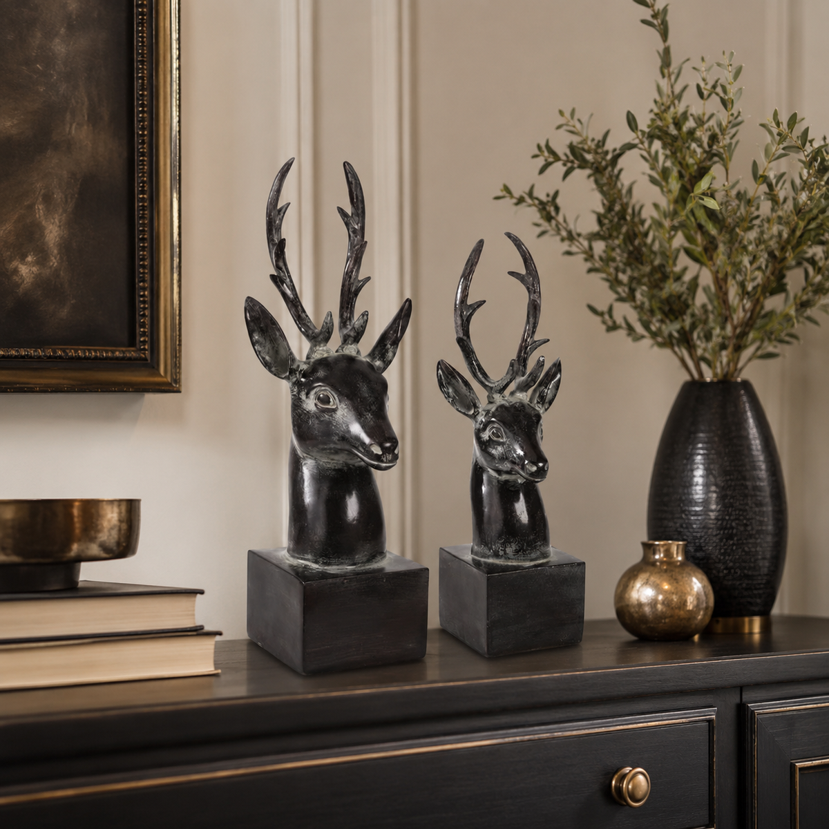 Design Shop Dark-Finished Deer Head Sculptures on Square Bases, Set of 2
