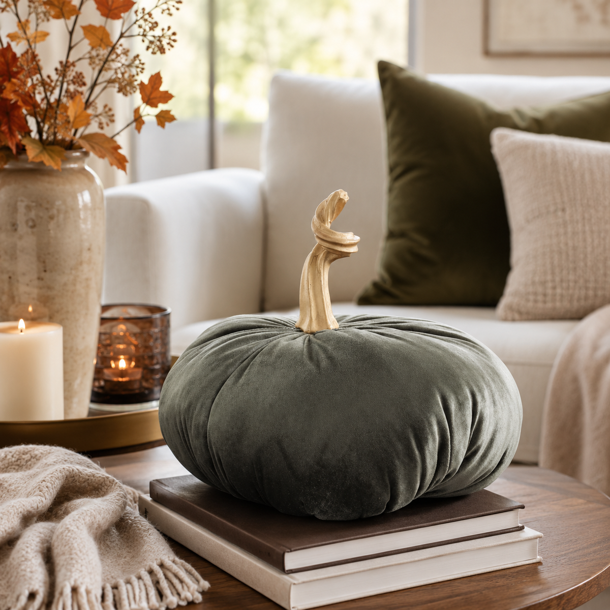 Design Shop 11 Inch Green Velvet Stuffed Pumpkin with Twisted Gold Stem