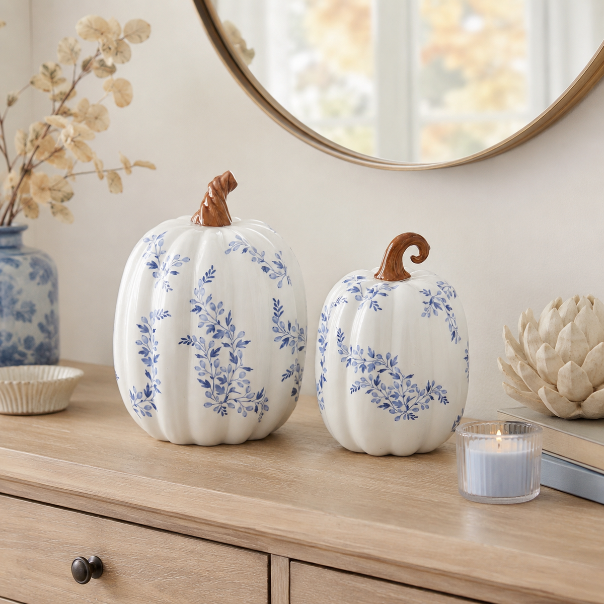 Design Shop White with Blue Floral Ceramic Pumpkins Set by, Set of 2