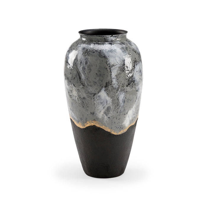 Decorative vase with black and gray design on a white background