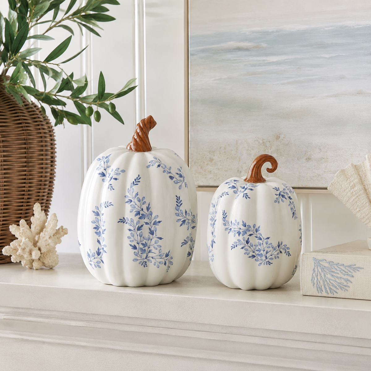 Design Shop White with Blue Floral Ceramic Pumpkins Set by, Set of 2