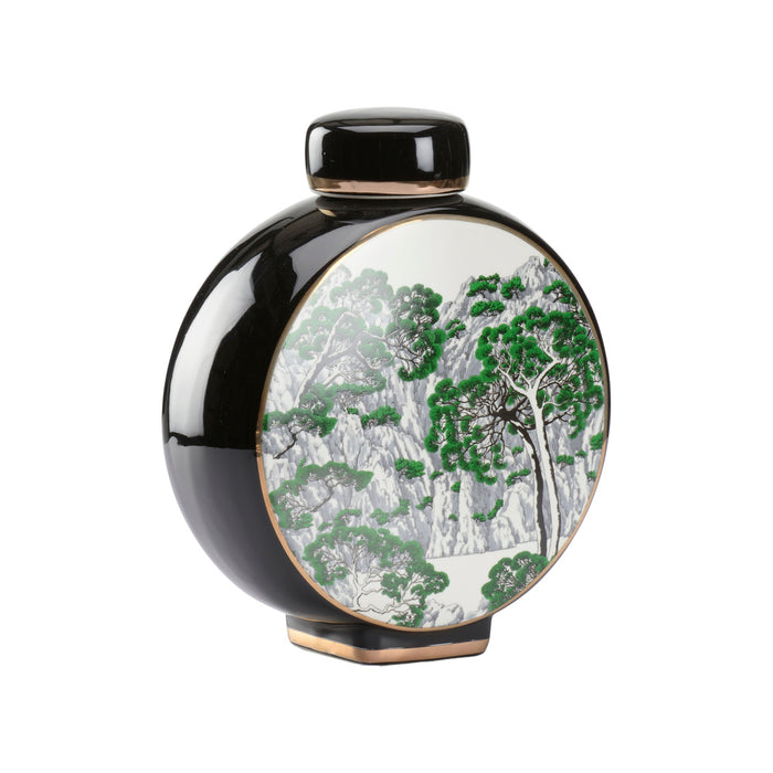 Black ceramic vase with a scenic design of trees and mountains on a white background