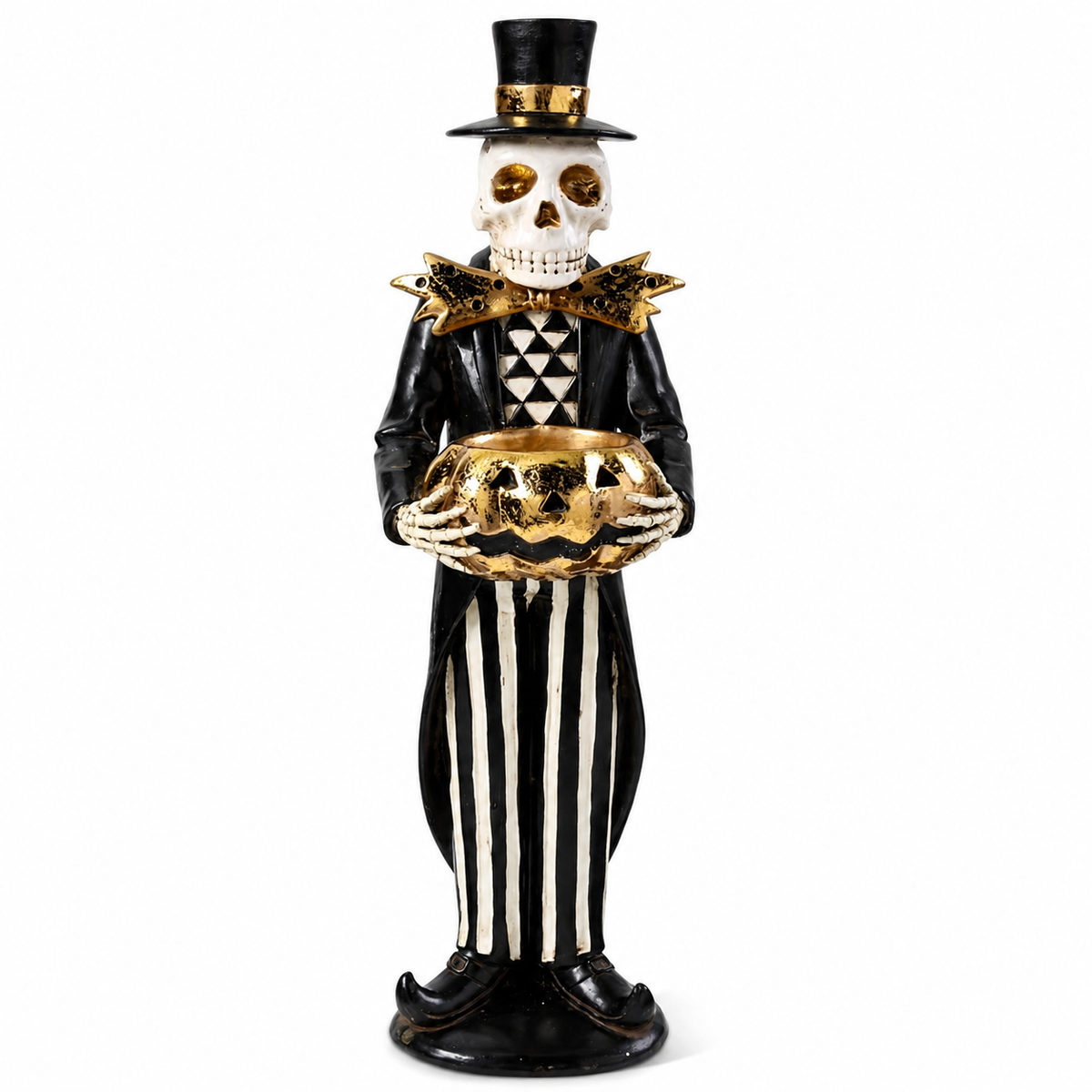 Design Shop 13 Inch Black and Gold Skeleton Holding Gold Jack O Lantern Pumpkin