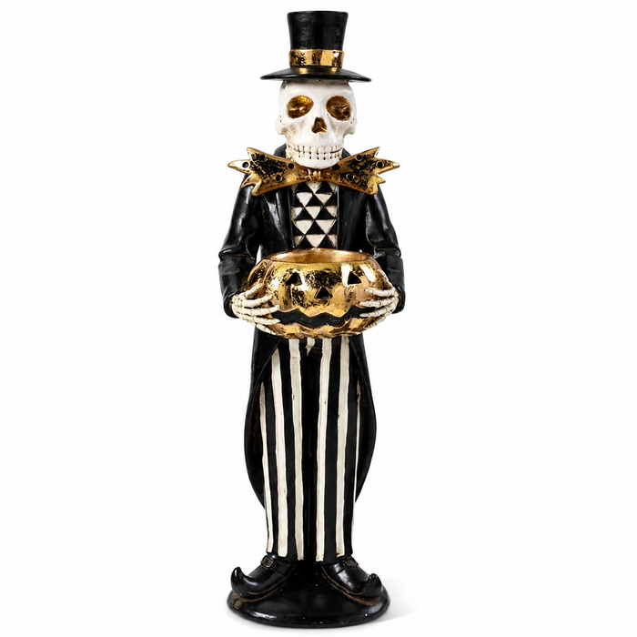 Design Shop 13 Inch Black and Gold Skeleton Holding Gold Jack O Lantern Pumpkin