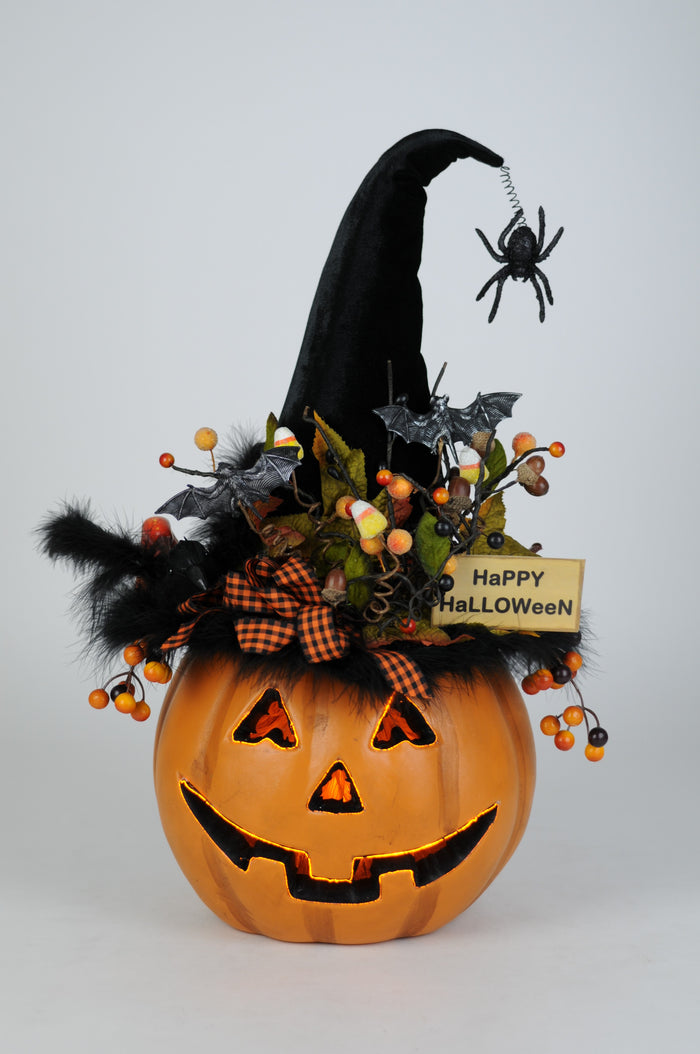 Halloween-themed pumpkin decoration with a witch hat, spider, and 'Happy Halloween' sign on a white background.