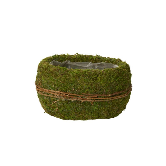 Bramble-covered ceramic bowl with mossy exterior, wrapped in brown twine, lined with clear plastic, against white background.