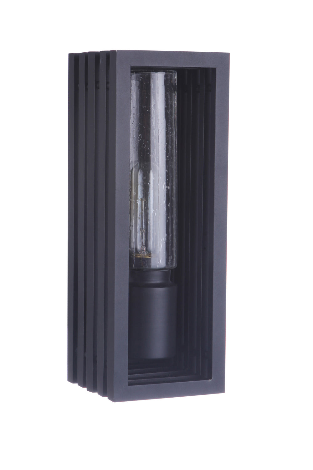 A textured black outdoor wall mount lantern with a clear-seeded glass shade and a vintage-inspired design.