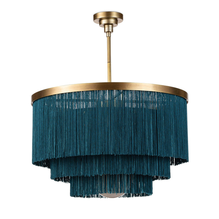 A natural brass finish four-light chandelier with a blue fabric shade and a gold-colored ceiling mount.