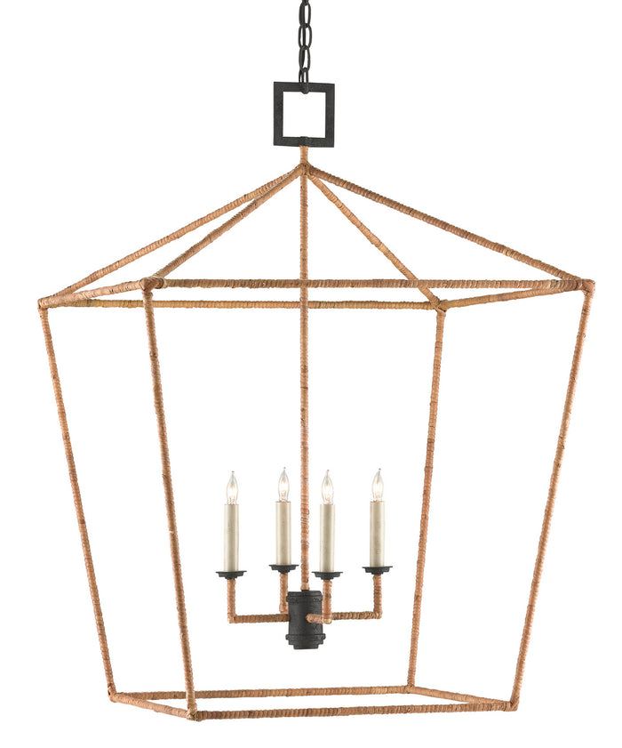 Currey and Company Four Light Lantern from the Denison collection in Molé Black/Natural Rattan finish