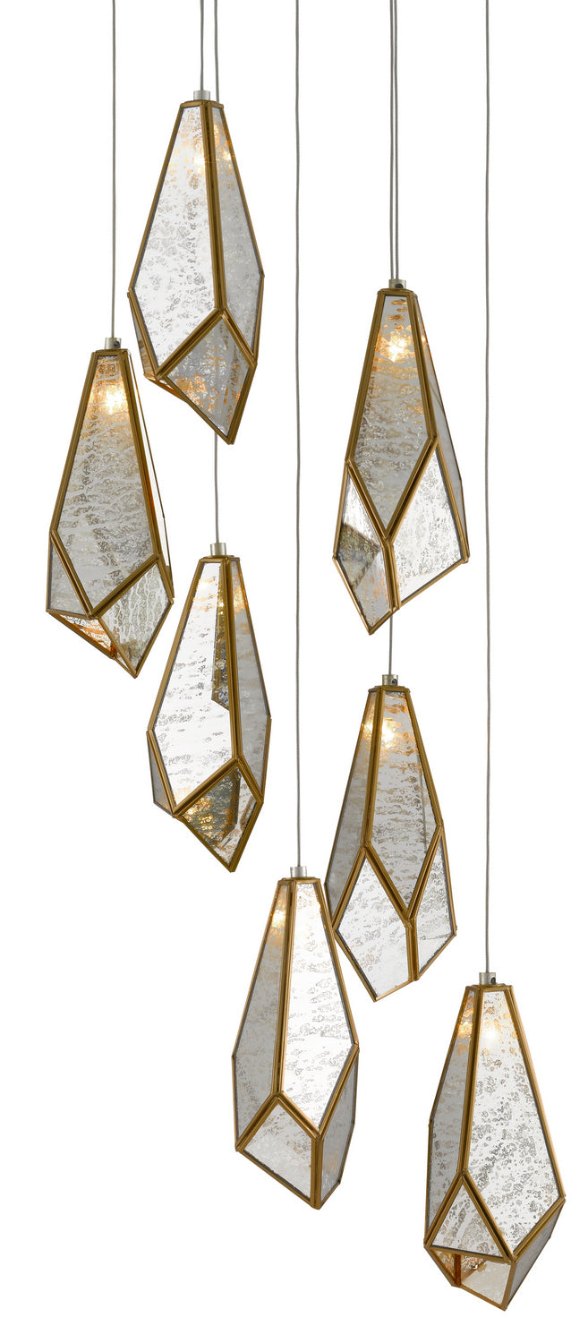 Currey and Company - 9000-0704 - Seven Light Pendant - Glace Collection - Raj Mirror/Antique Brass