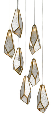 Currey and Company - 9000-0704 - Seven Light Pendant - Glace Collection - Raj Mirror/Antique Brass