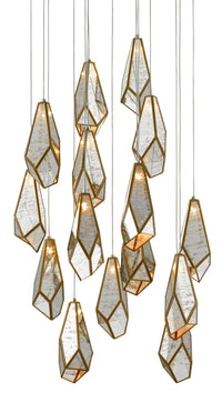 Currey and Company - 9000-0705 - 15 Light Pendant - Glace Collection - Raj Mirror/Antique Brass