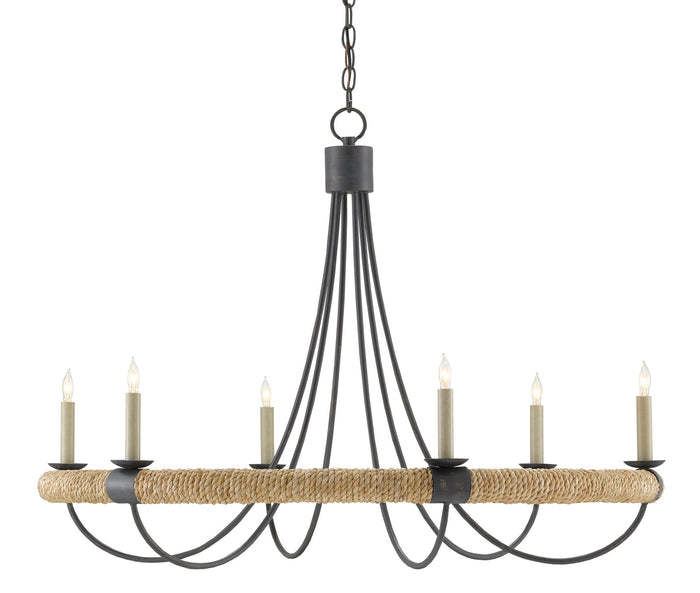 Currey and Company Six Light Chandelier from the Shipwright collection in French Black/Smokewood/Natural Abaca Rope finish