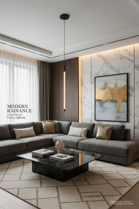 Modern living room with gray sectional sofa, marble coffee table, and decorative wall art.