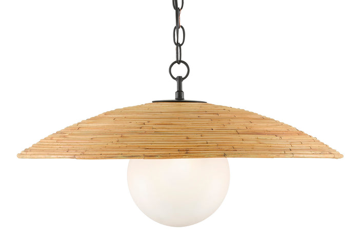 Currey and Company One Light Pendant from the Pembry collection in Satin Black/Natural Rattan finish