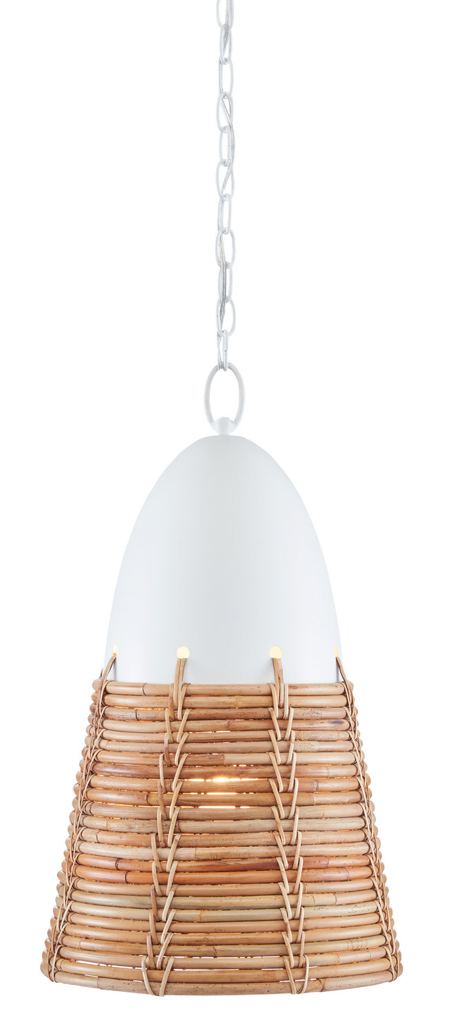 Currey and Company One Light Pendant from the Arundo collection in Gesso White/Natural Rattan finish