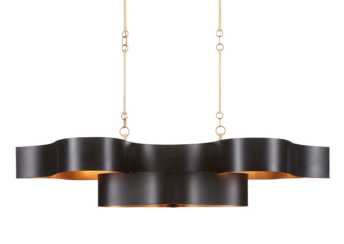 Currey and Company Six Light Chandelier from the Grand Lotus collection in Satin Black/Contemporary Gold Leaf finish