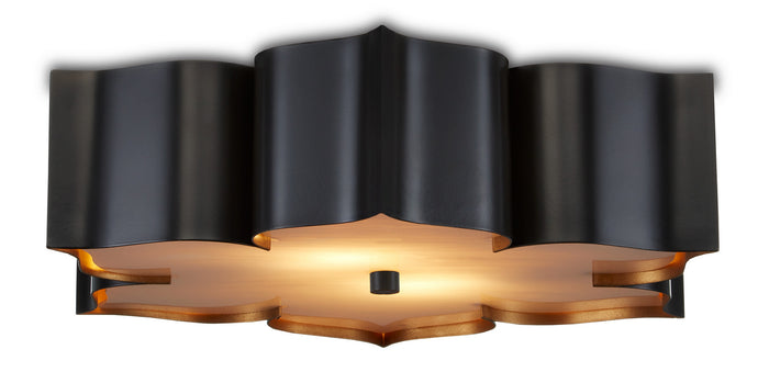 Currey and Company Two Light Flush Mount from the Grand Lotus collection in Satin Black /Contemporary Gold finish