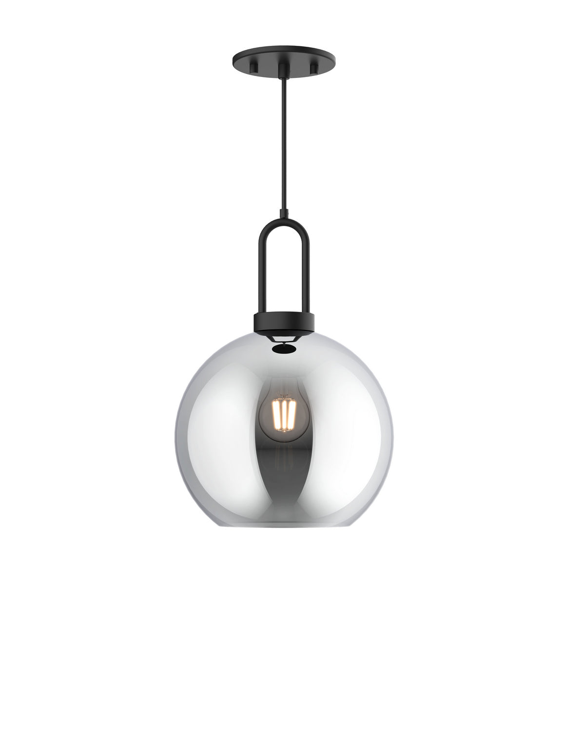 Modern pendant light with a glass shade and black fixture on a white background