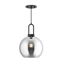 Modern pendant light with a glass shade and black fixture on a white background