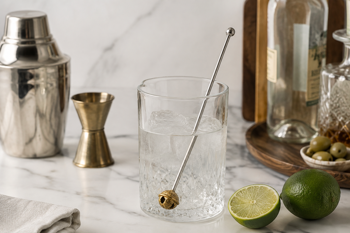 Design Shop Stainless Steel and Brass Bell Cocktail Stirrer, 7.75"L