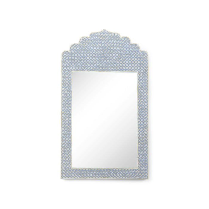 Decorative mirror with a textured blue frame on a white background
