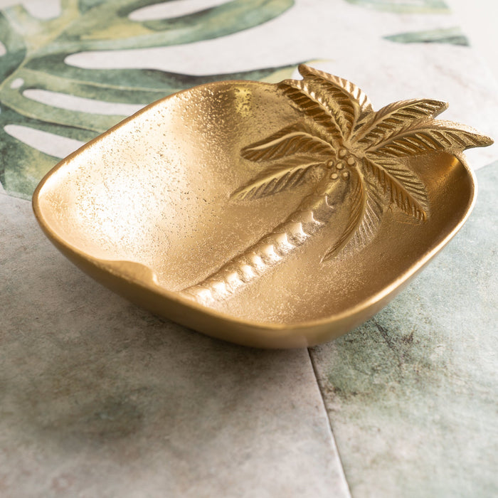 Design Shop Palm Tree Brushed Gold Tone Square Aluminum Serving Bowl