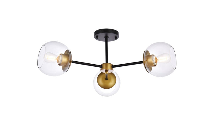 Elegant Lighting Three Light Flush Mount from the Briggs collection in Black And Brass And Clear finish