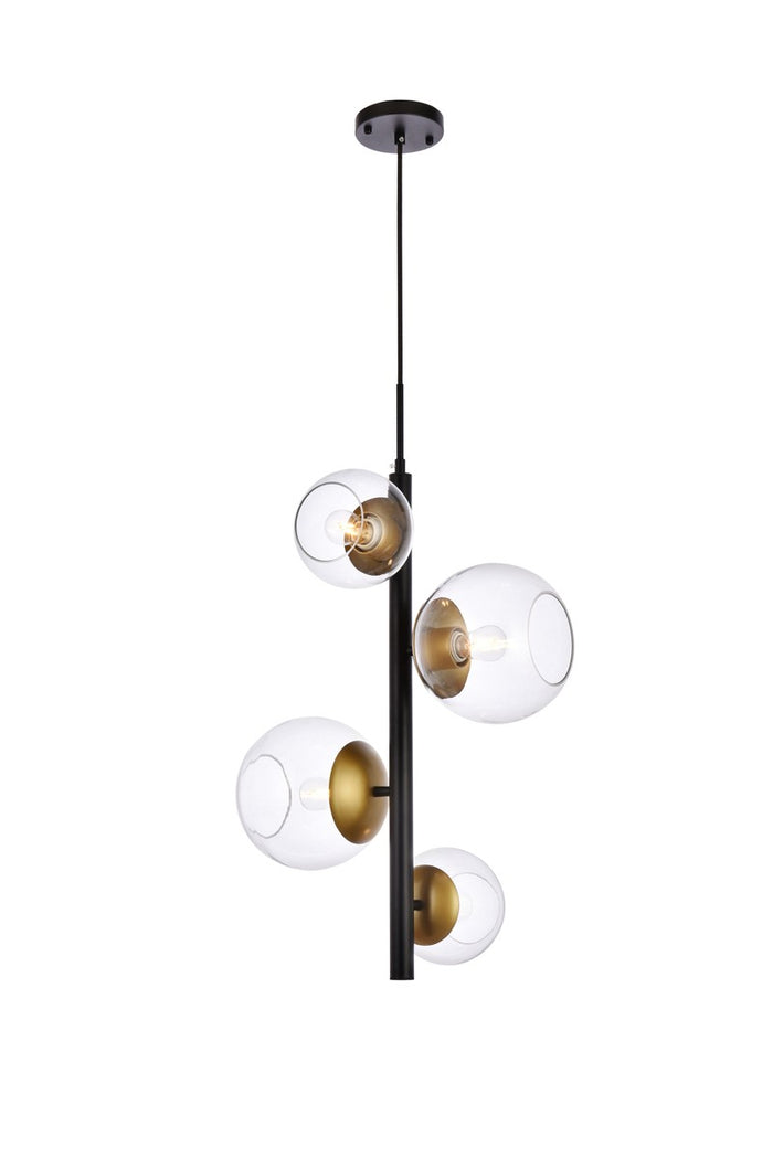 Elegant Lighting Four Light Pendant from the Wells collection in Black And Brass And Clear finish