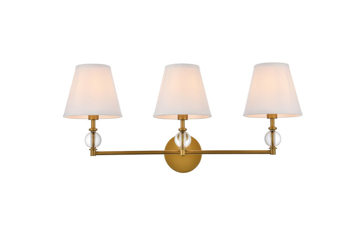 Elegant Lighting Three Light Bath from the Bethany collection in Brass And White Fabric Shade finish