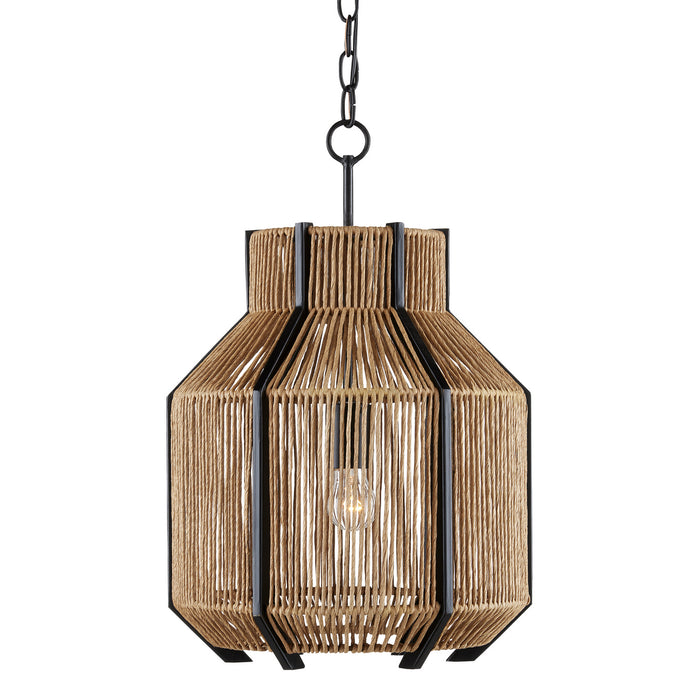Currey and Company One Light Pendant from the Mali collection in Satin Black/Natural finish