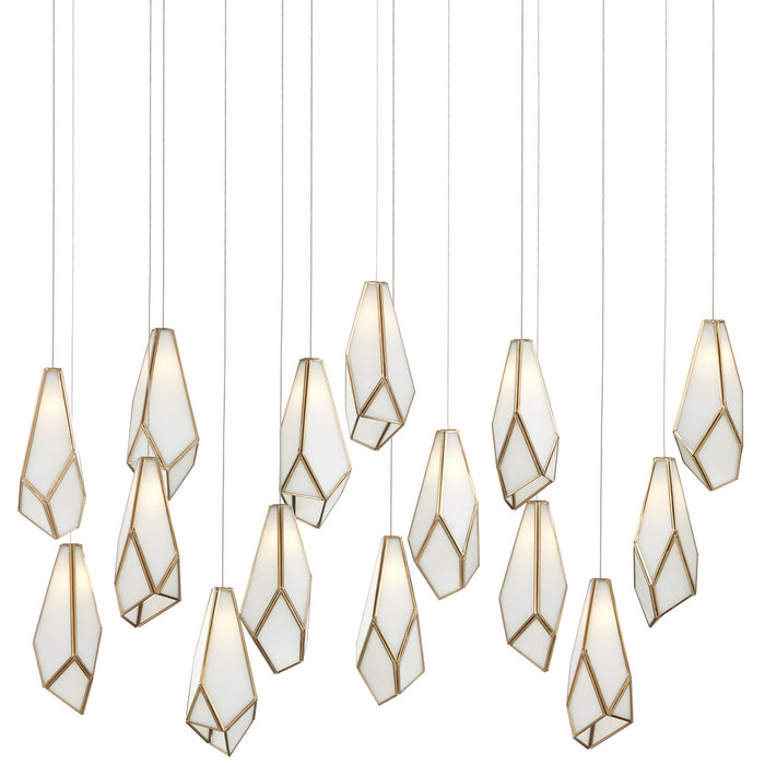 Currey and Company 15 Light Pendant from the Glace collection in White/Antique Brass/Silver finish