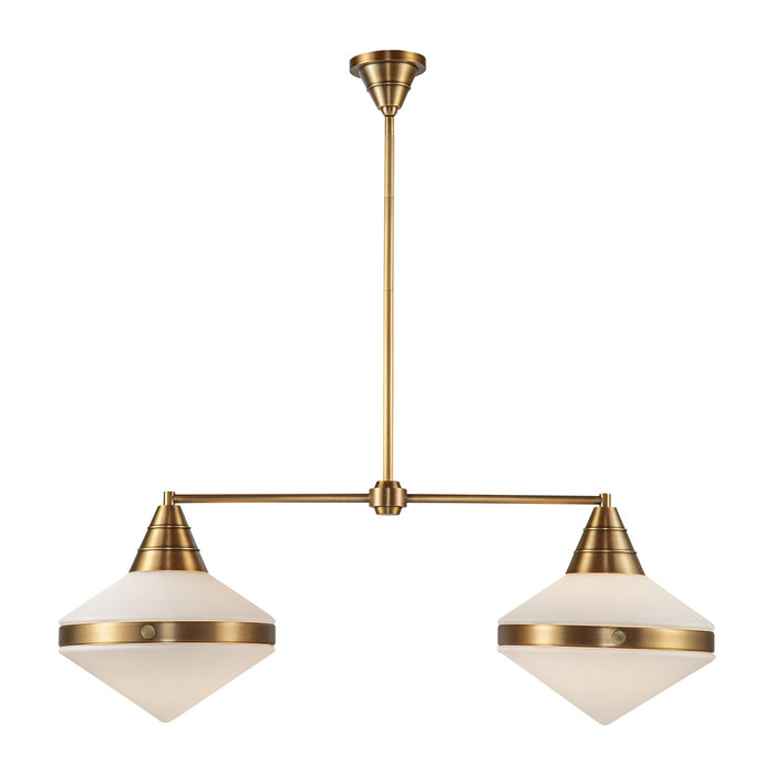 Alora Two Light Linear Pendant from the Willard collection in Vintage Brass/Matte Opal Glass finish