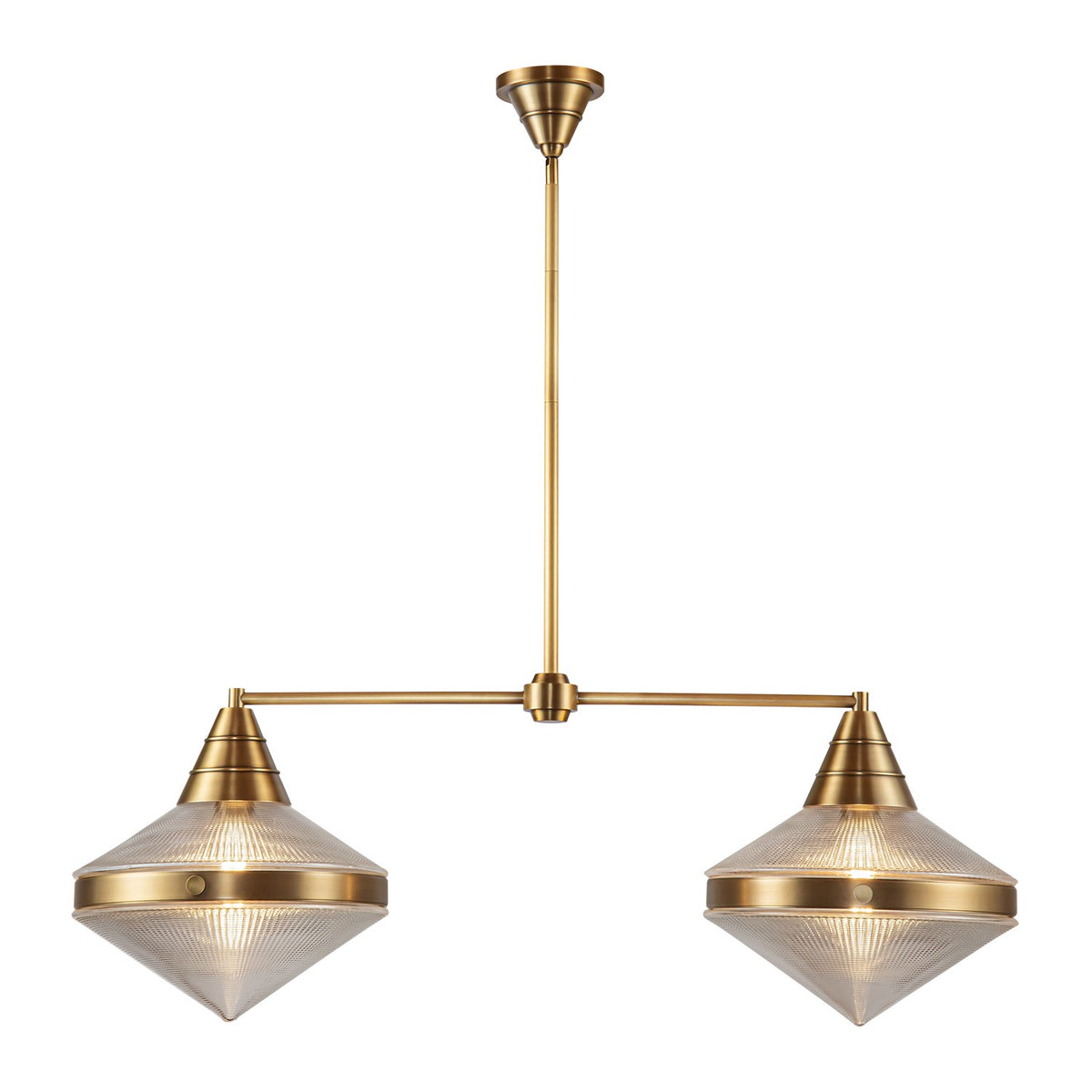 Alora Two Light Linear Pendant from the Willard collection in Vintage Brass/Clear Prismatic Glass finish