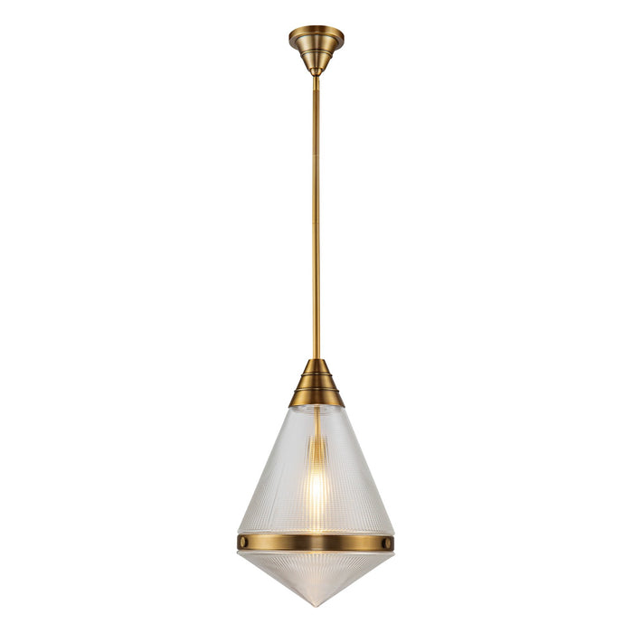 Alora One Light Pendant from the Willard collection in Vintage Brass/Clear Prismatic Glass finish