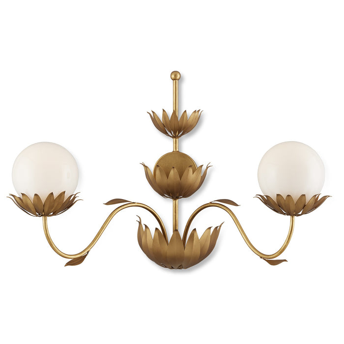 Currey and Company Two Light Wall Sconce from the Mirasole collection in Contemporary Gold Leaf/Gold/White finish