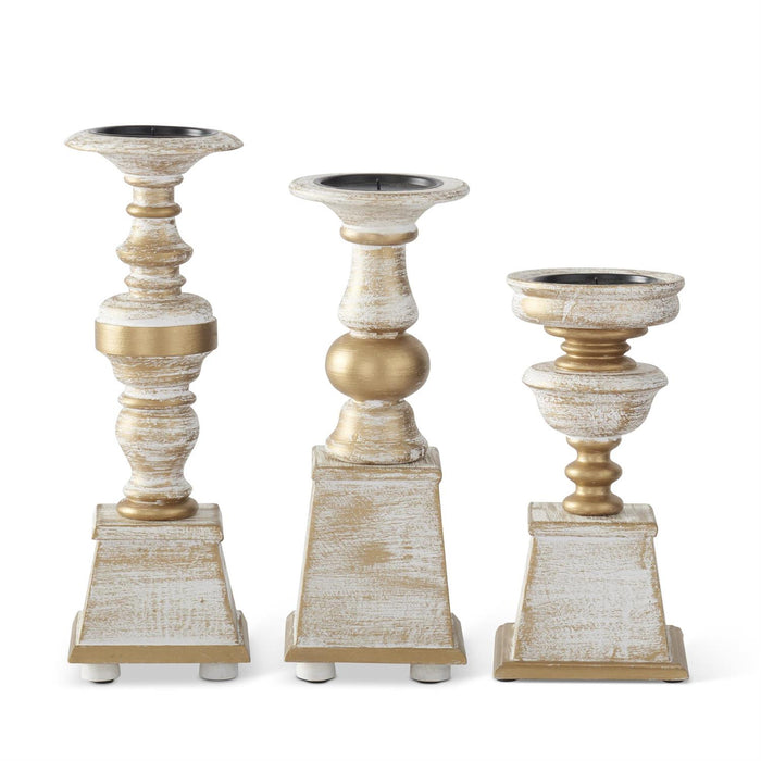 Design Shop Set of 3 Whitewashed Gold Wood Candleholders on Square Base