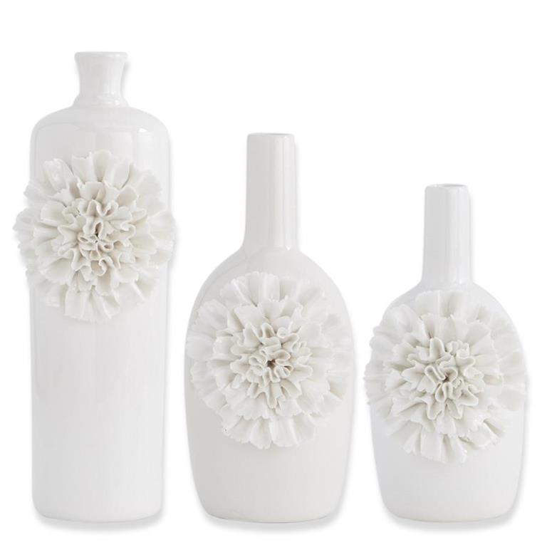 Design Shop Set of 3 White Ceramic Vases W/White Carnations