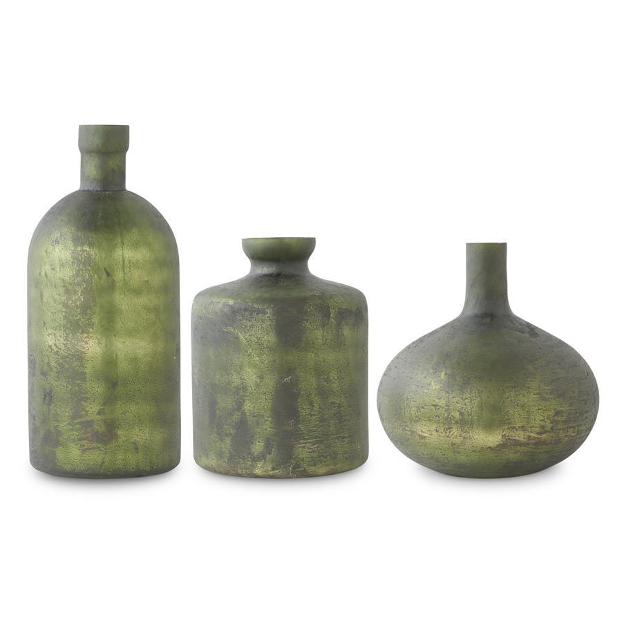 Design Shop Set of 3 Antique Olive Green Matte Glass Bottle Vases