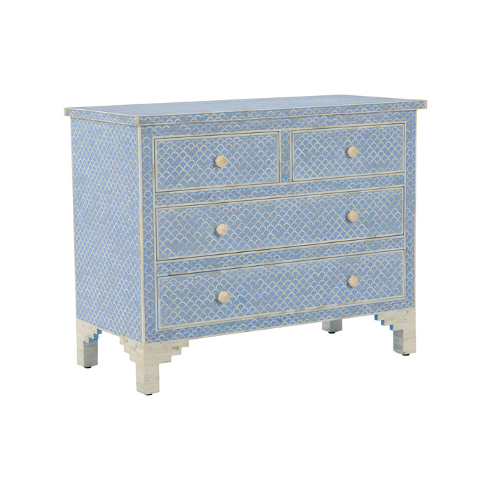 Blue dresser with white geometric pattern on a white background