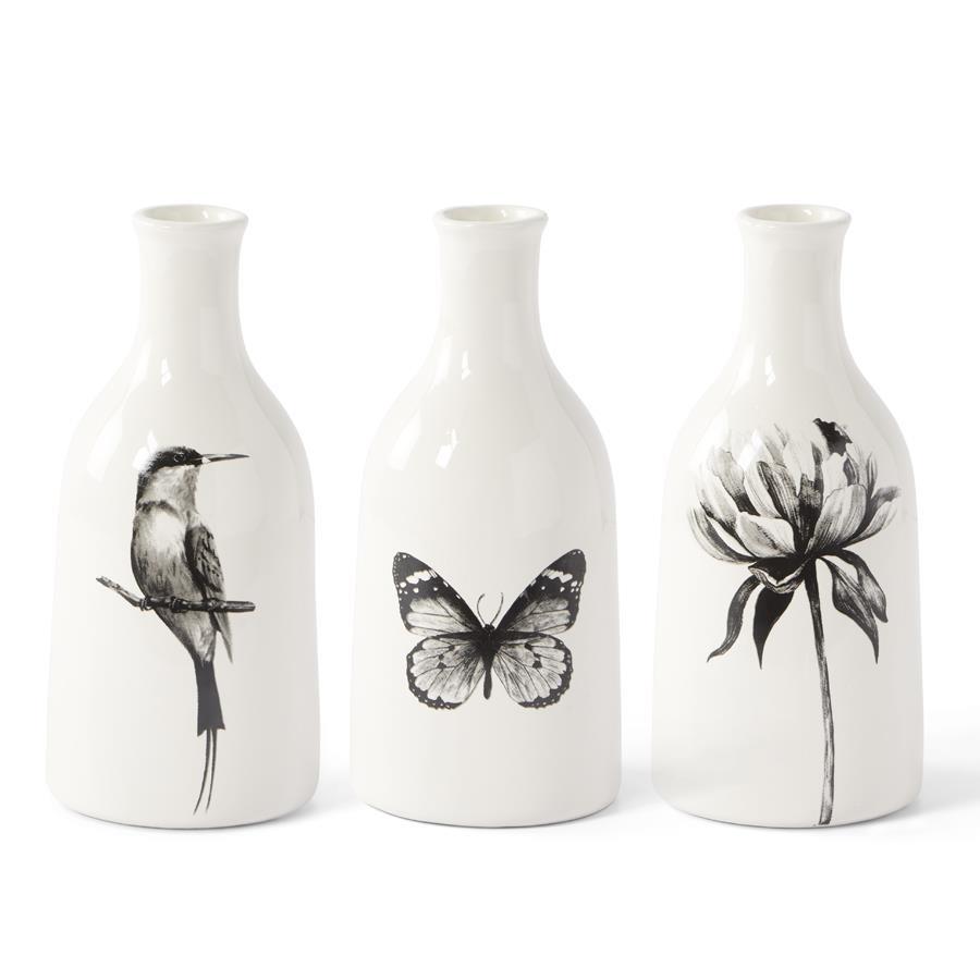 Design Shop Assorted White Ceramic Bottles w/Black Bird Butterfly & Flower Decal