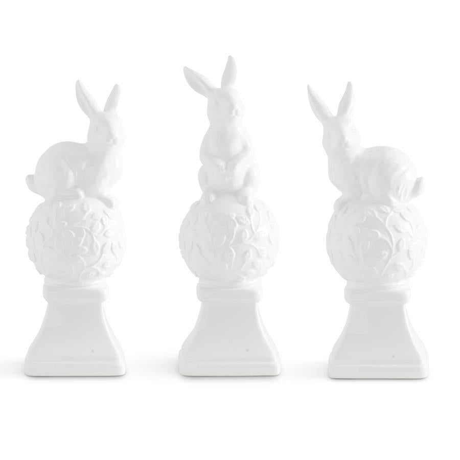 Design Shop Assorted White Ceramic Finials w/Bunnies on Top. Set of 3.