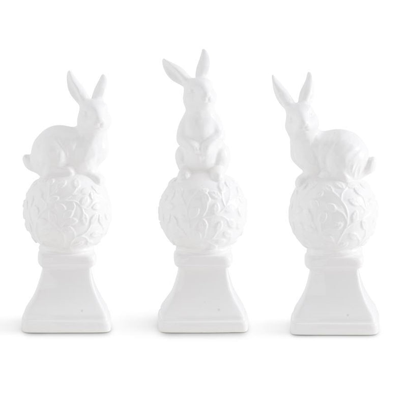 Design Shop Assorted White Ceramic Finials w/Bunnies on Top. Set of 3.
