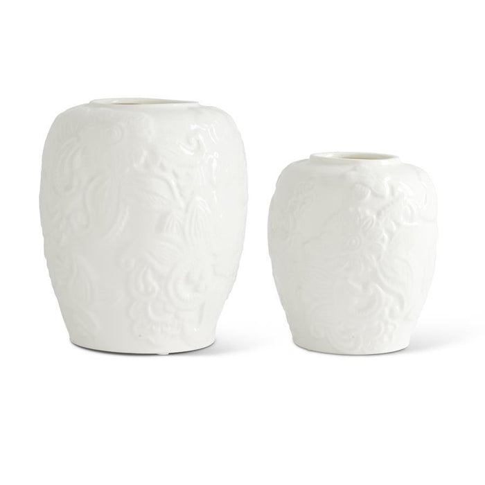 Design Shop Set of 2 White Ceramic Paisley & Floral Embossed Vases
