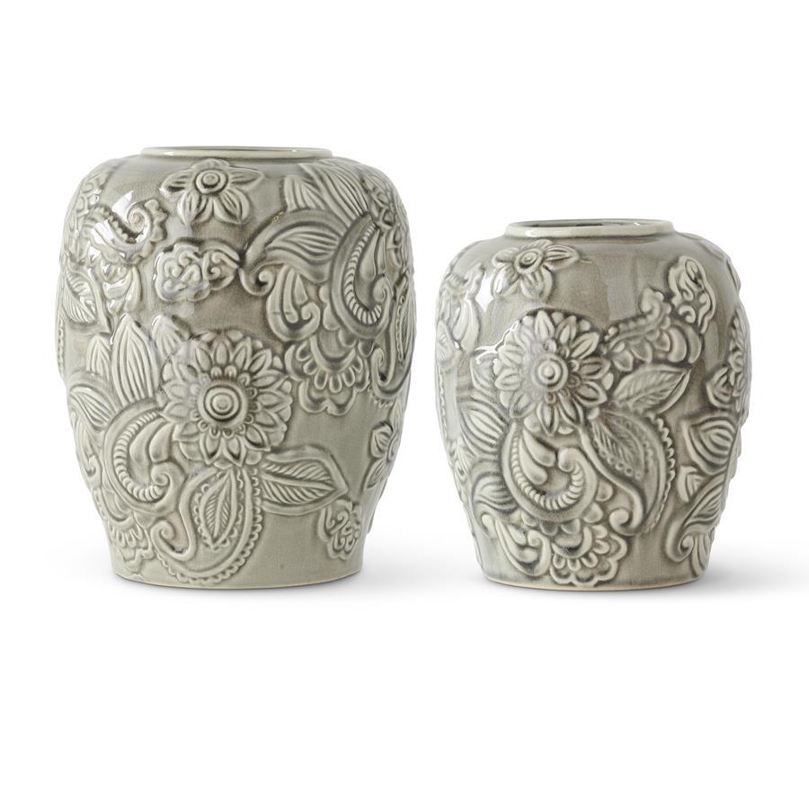 Design Shop Set Of 2 Gray Ceramic Paisley & Floral Embossed Vases