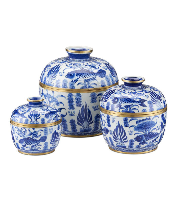 Currey and Company - 1200-0969 - Rice Tureen Set of 3 - Blue & White Rice Tureen Set of 3 - White/Blue/Brass