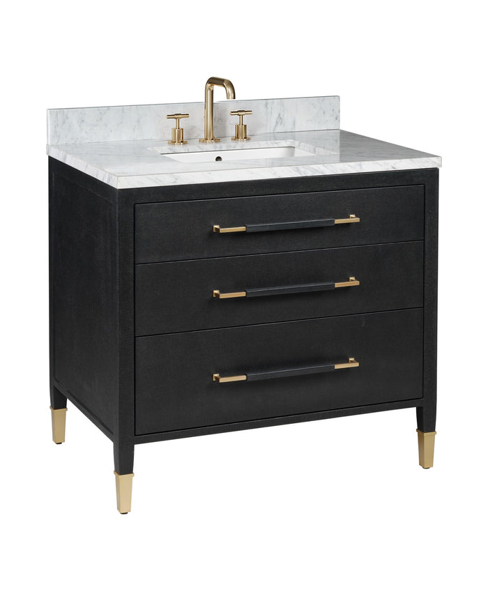 Currey and Company - 3800-0006 - Vanity with Sink - Verona Collection - Black Lacquered Linen / Natural / White / Champagne