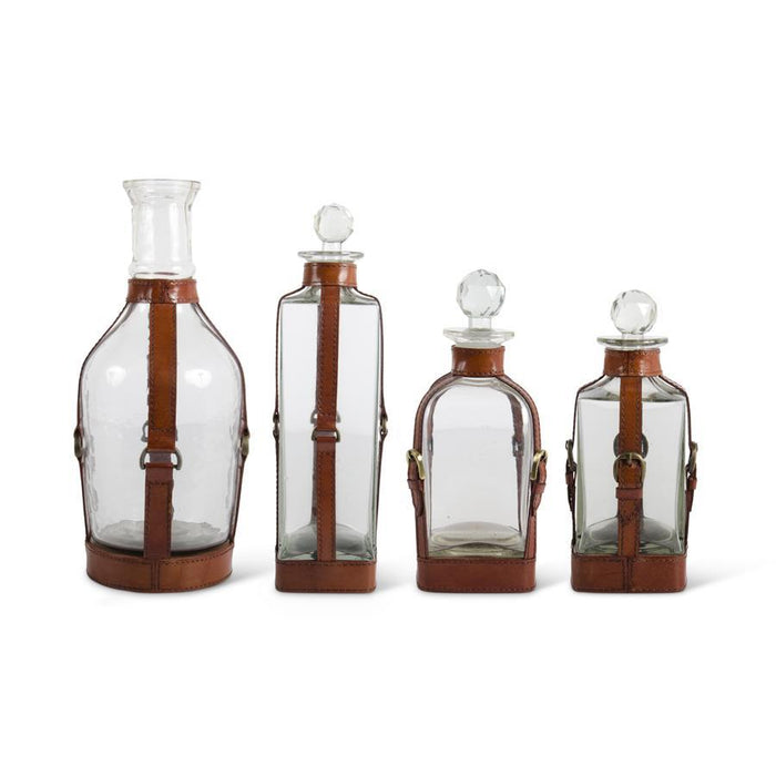 Set of 4 Glass Decanters w/Leather Straps and Metal